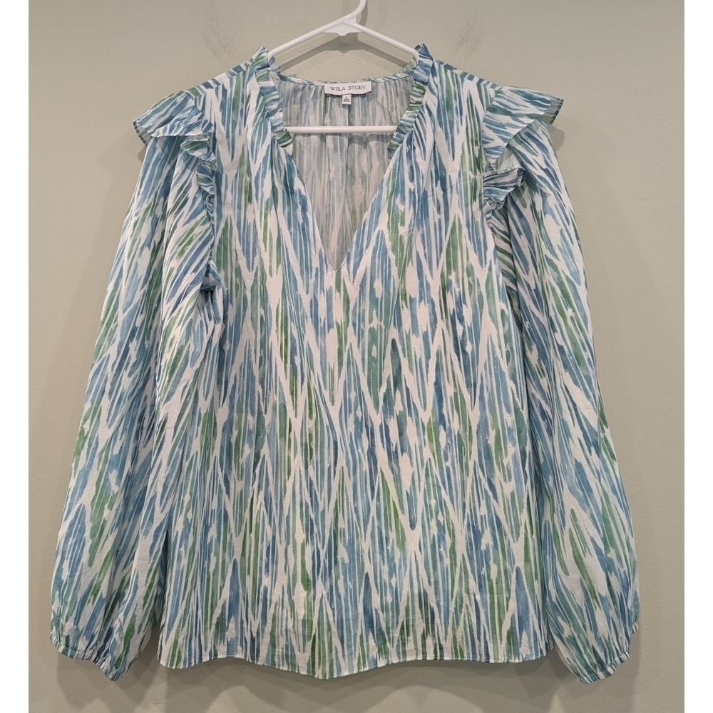 Willa Story Ikat Blue Green Long Sleeve Cotton Blouse Size Large